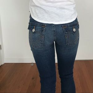 True Religion Women's Denim Jeans Size 24 Blue Skinny Low Rise Flap Pockets Sexy